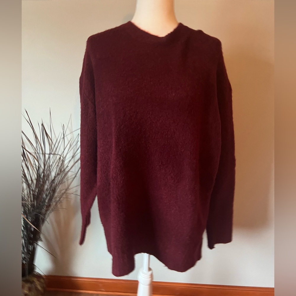 Zara Deep Red Crew Neck Sweater oversized wool blend size Small
